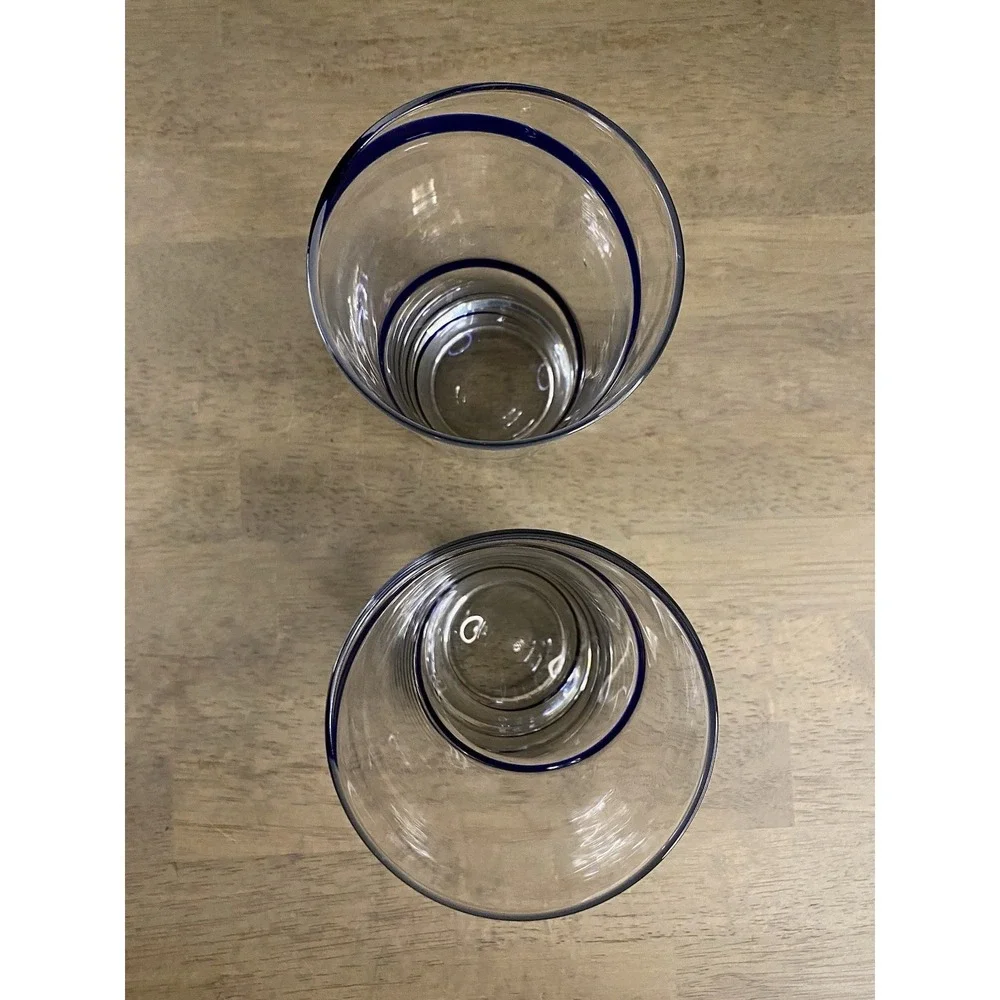 Pier 1 Cobalt Blue Swirl Highball & Lowball Tumbler Glasses Hand Blown Set of 4